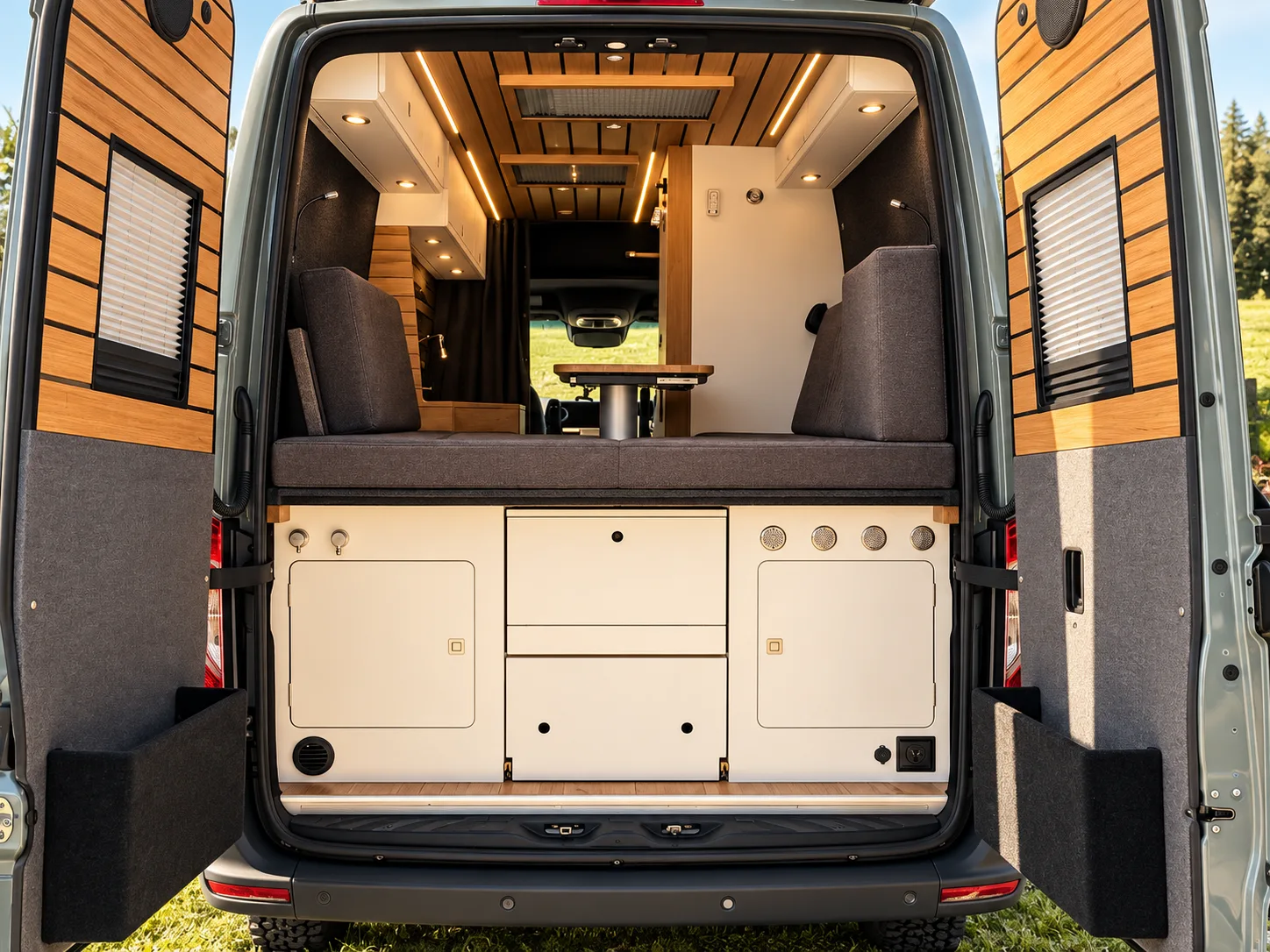Geöffnete Hecktüren mit Blick in den Stauraum eines Busmacher Campers