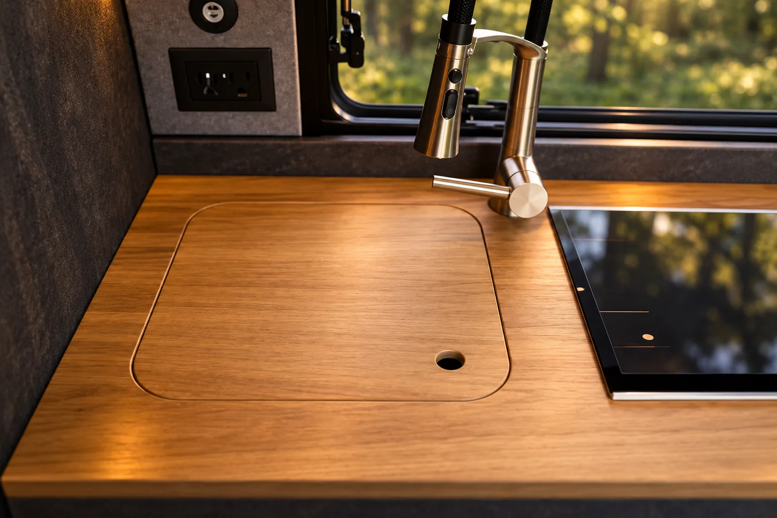 Detail einer furnierten Holzfläche mit eingelassenem Mercedes-Stern im Busmacher Innenausbau